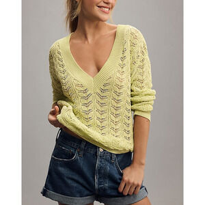Anthropologie Flat White V-Neck Green Cotton Pointelle Sweater Size S